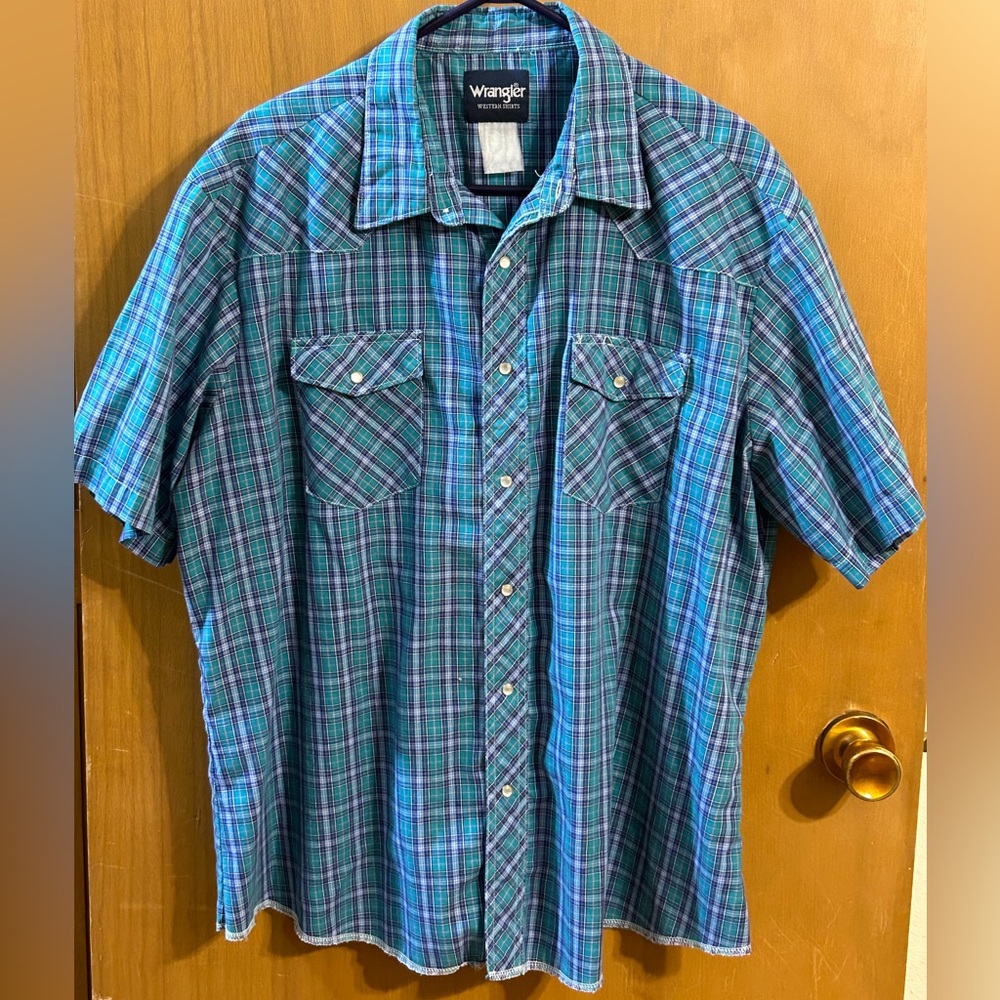 Wrangler Western Plaid Snap Shirt Green Blue Pearl‎ Snap Cowboy Shirt Mens M/L